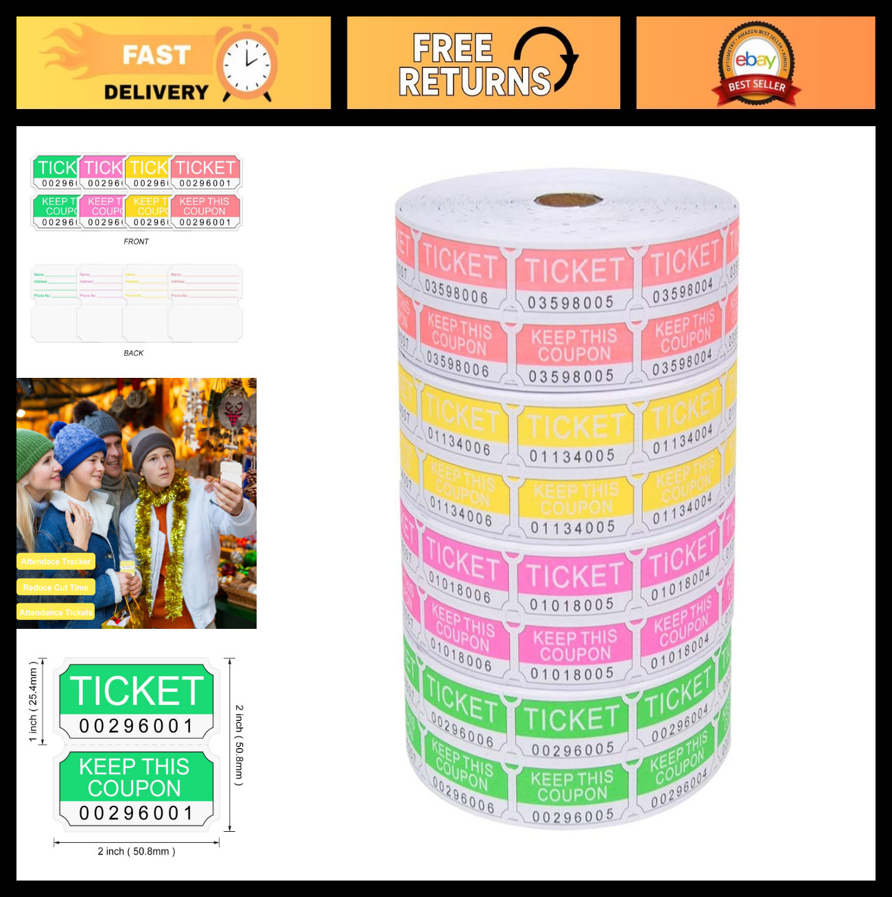 8000 Raffle Tickets Rolls – 50/50 Consecutive Numbered Tickets for Events, Parti