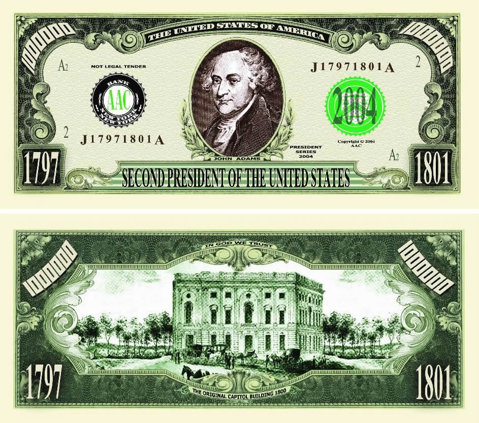 10 TOTAL – John Adams Million Dollar Money Novelty Party Play Collectible Bills
