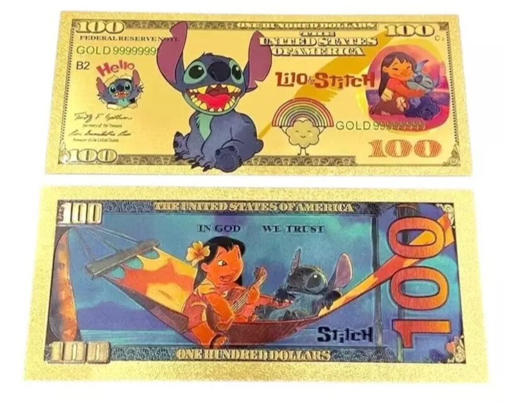 24k Gold Foil Plated Lilo and Stitch Banknote – Set of 9 Disney Party Favors