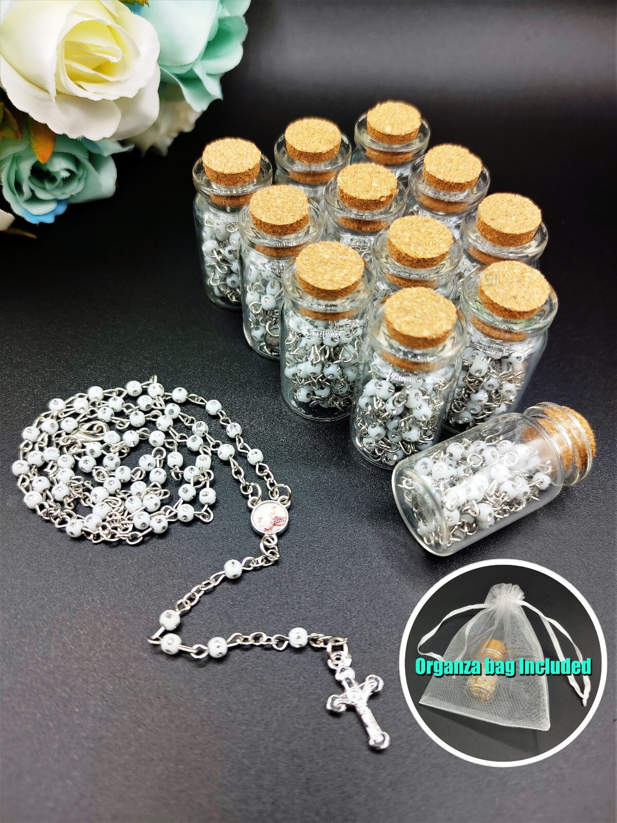 US 4/12pcs White Bead Rosary Necklace in Wishing Bottle w Organza Bag Christian