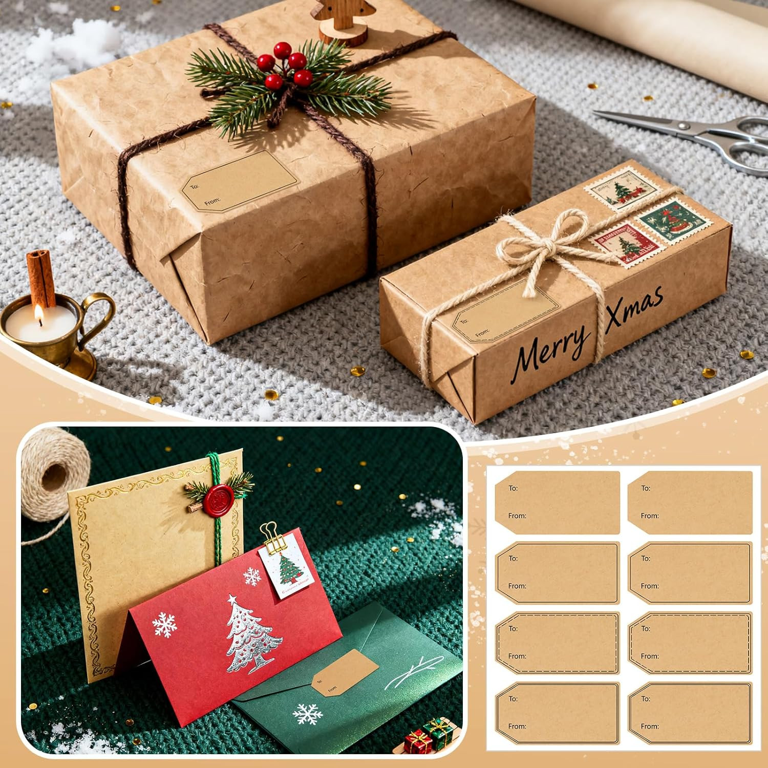 560 PCS 4 Styles Gift Tag Stickers, 1.18″ X 2.36″ Brown Kraft to and from Gifts