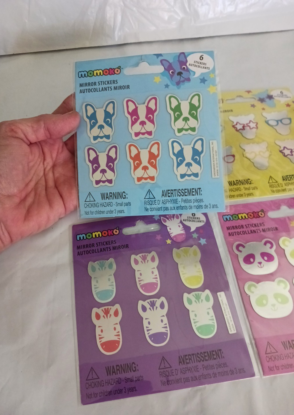 Momoko mirror Stickers. Dog, panda bear, zebra, Giraffe. 24 stickers! 4 packs