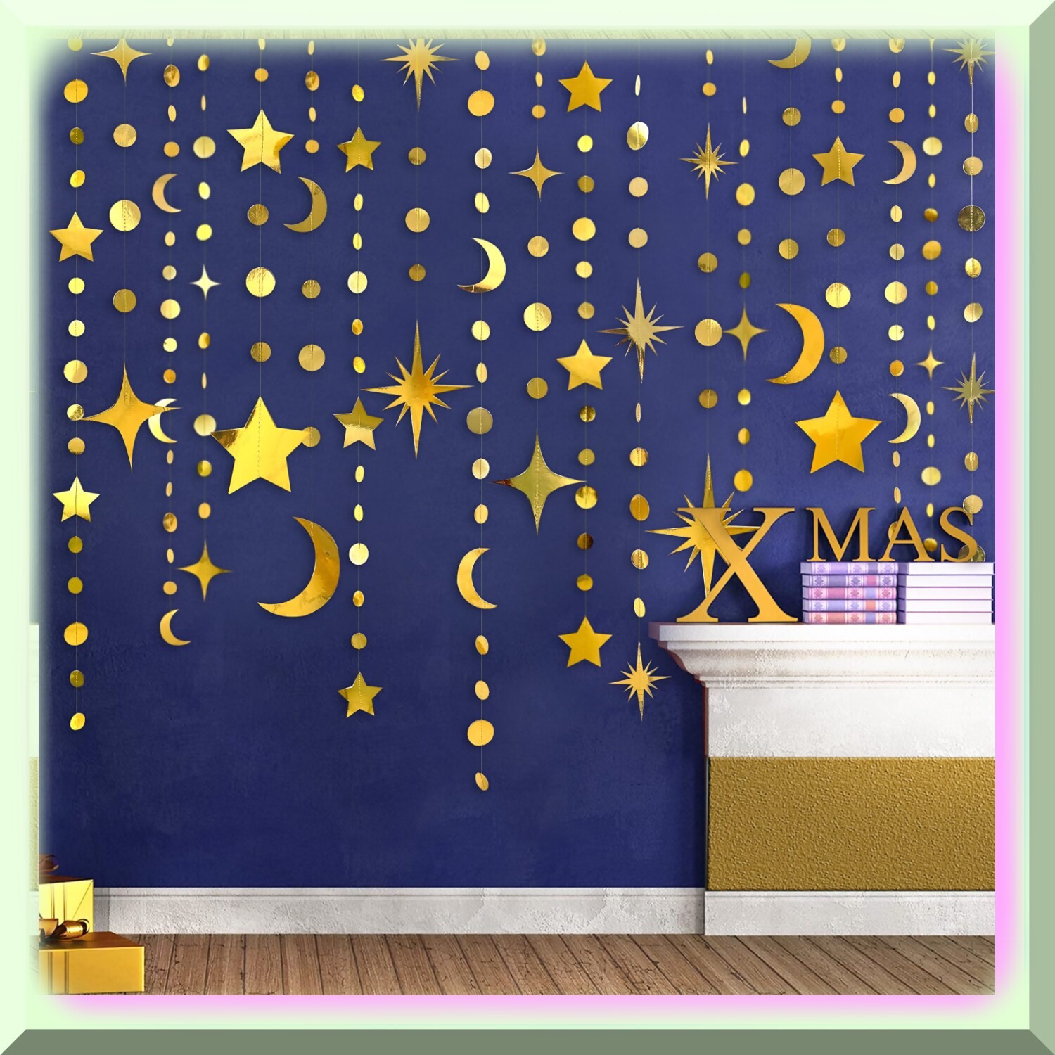 Golden Crescent Moon and Star Garland Set