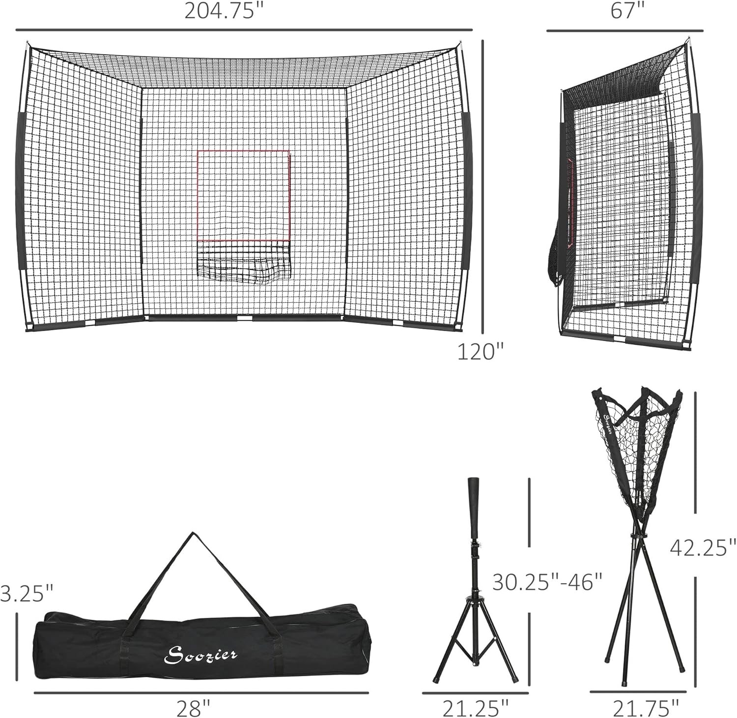 Soozier 17′ x 5.5′ Baseball Net with Strike Zone, Tee, Caddy,and Carry Bag,Black