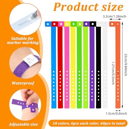60 Pcs Vinyl Wristband in 10 Colors, Plastic Wristbands for Events, Neon