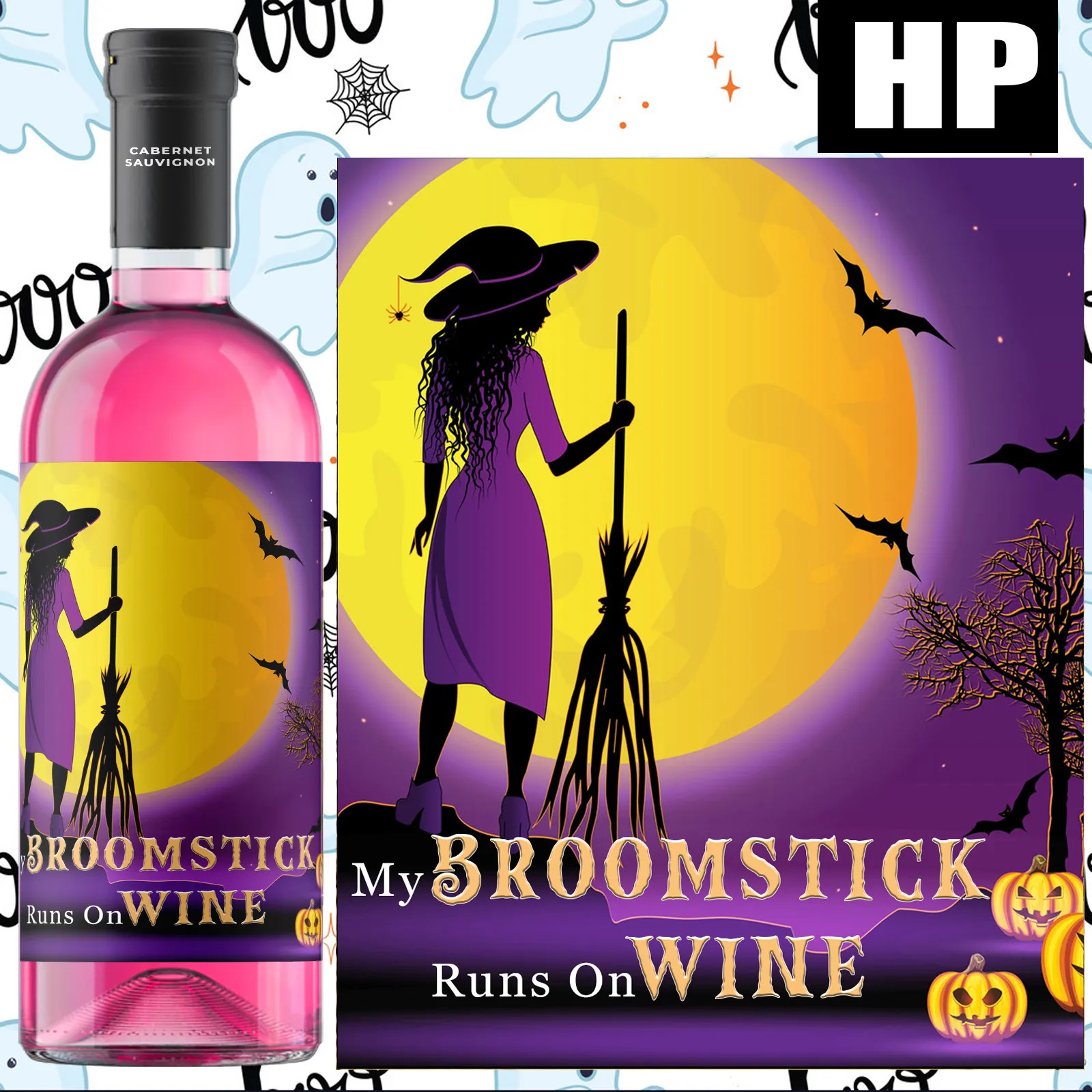 Halloween Witch Bottle Label My Broomstick Runs On Wine Funny Wine Sticker