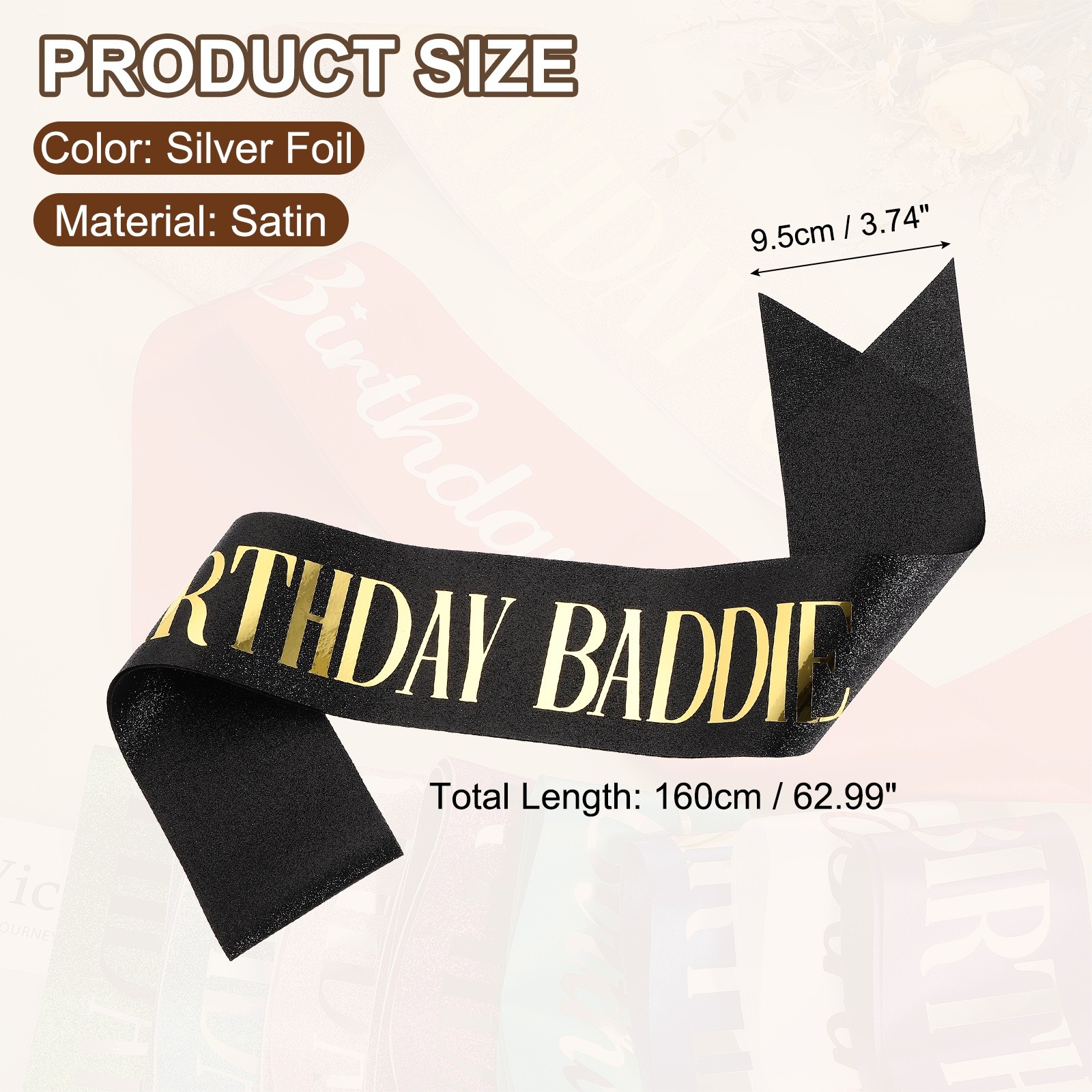 Black Birthday Baddie Sash with Pin Gold Foil Lettering for Party