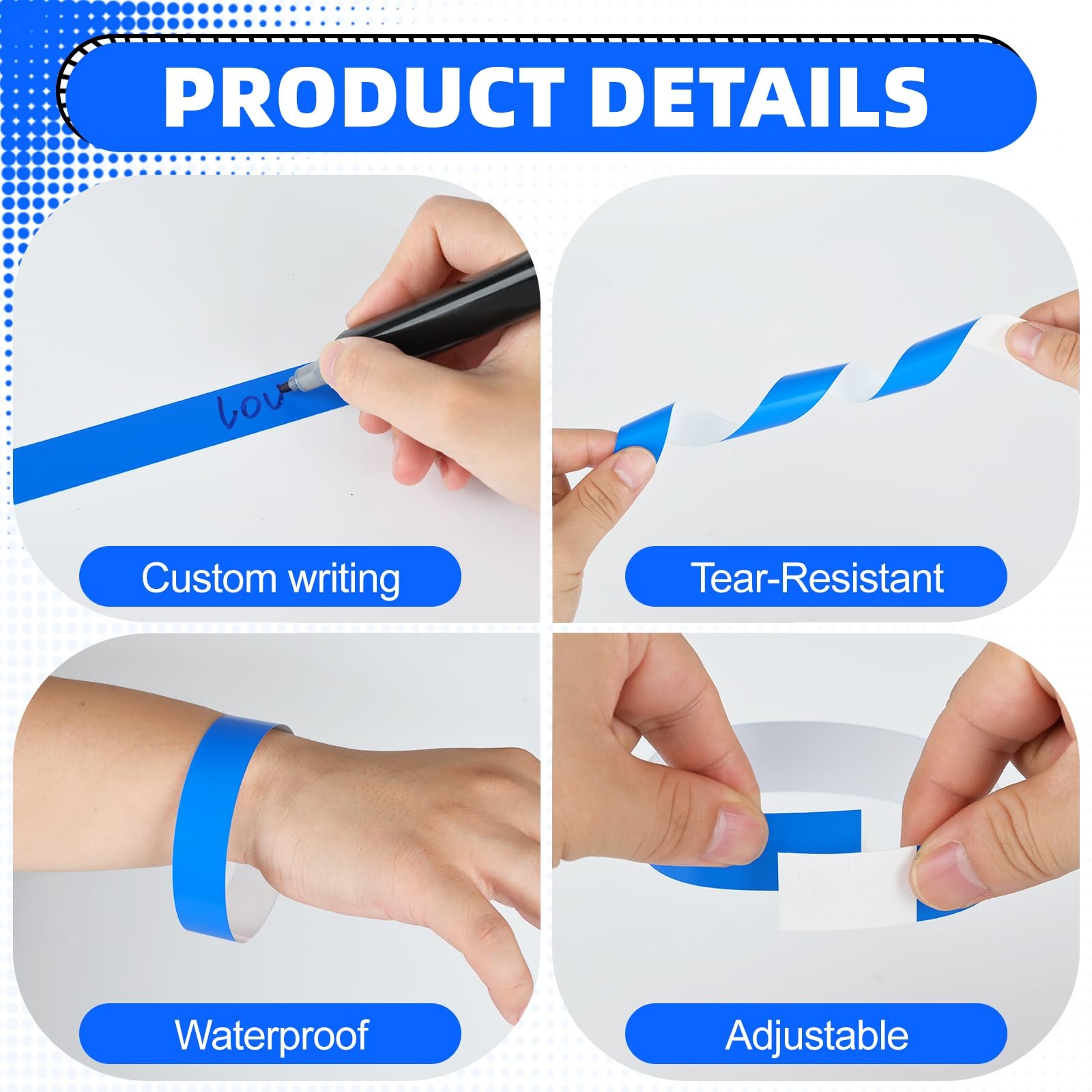 300 Pcs Wristbands for Large Events, Waterproof and Tear-Resistant Blue