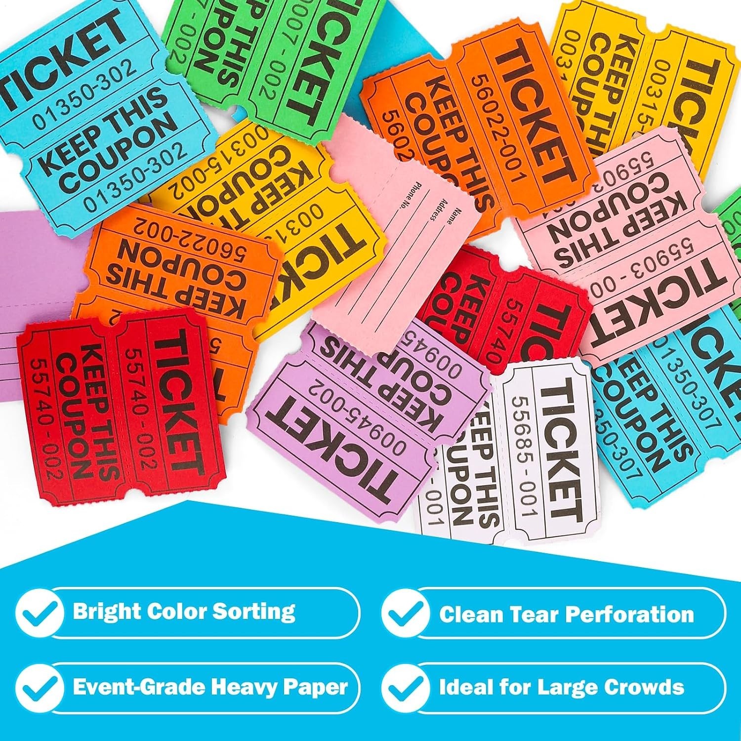 8000 Pairs Raffle Tickets, 50/50 Double Raffle Tickets Rolls, 8 Colors 1000 Tick
