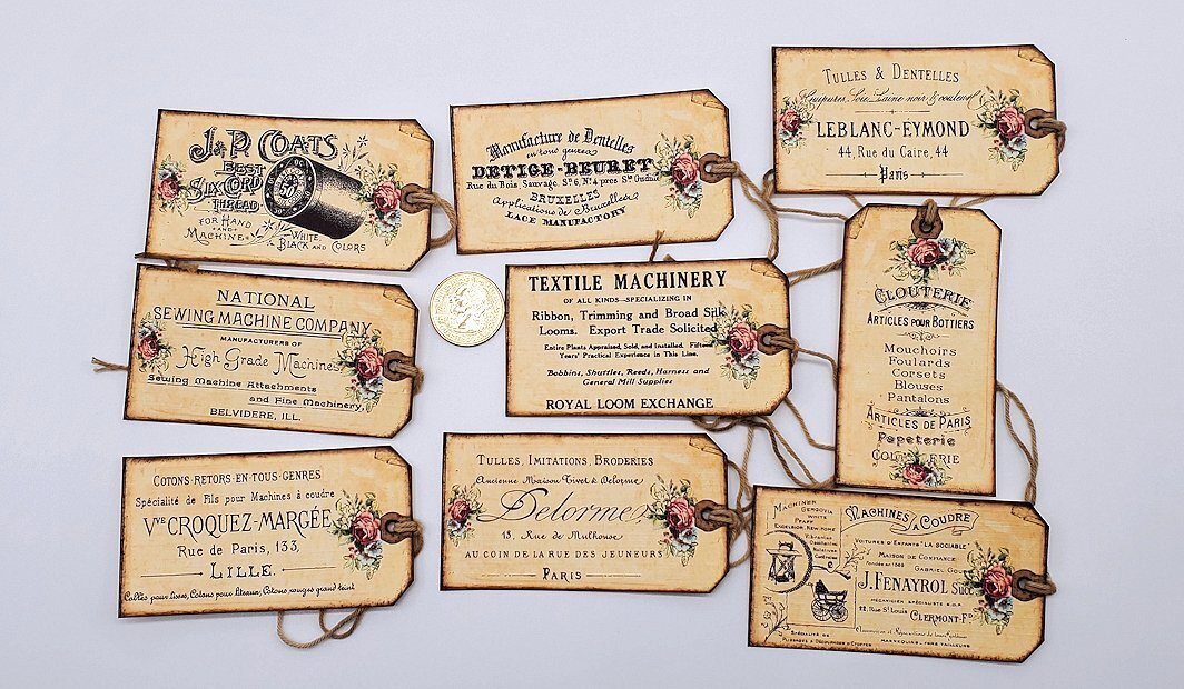 9~Ephemera~Handmade~Linen Cardstock~Sewing~Advertisment~Gift~Hang~Tags