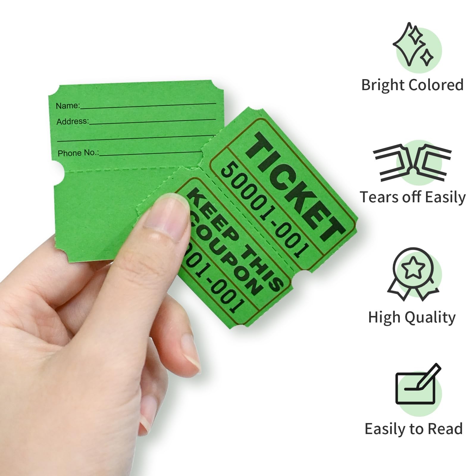 L LIKED Green Raffle Tickets 2″ x 2″, Double Roll, 1000 Pairs/Roll