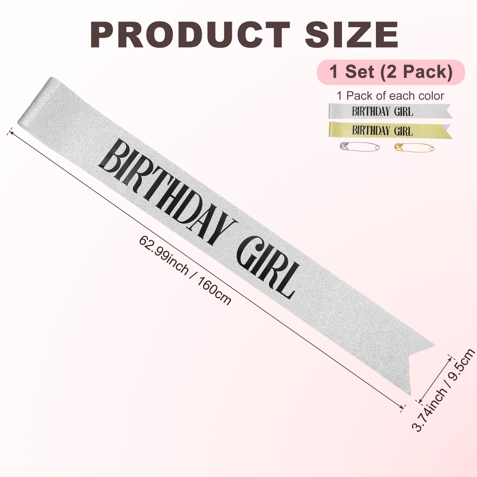 2-Pack Birthday Sash, Sequined Fabric Birthday Gift [Black Text, Silver Gold]