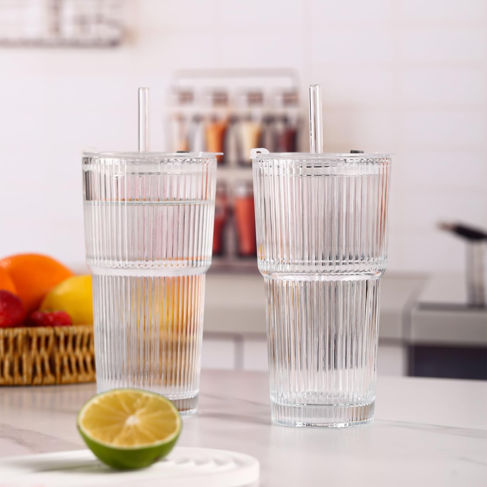 4PCS Ribbed Glass Cups with Lids and Straws, 20oz Vintage Drinking Glasses, A…