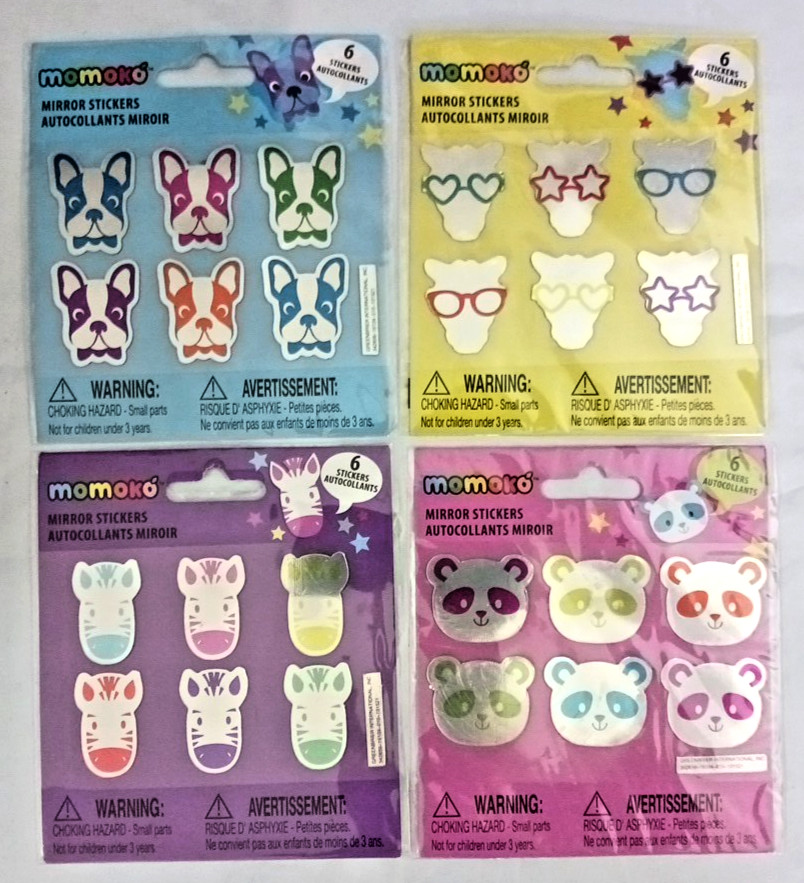 Momoko mirror Stickers. Dog, panda bear, zebra, Giraffe. 24 stickers! 4 packs