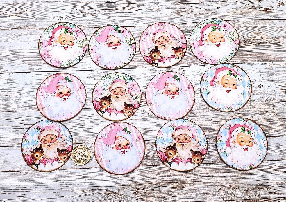 12-Christmas-Retro-Mid Century-Santa-Circle-Non Sticky-Cardstock-Labels