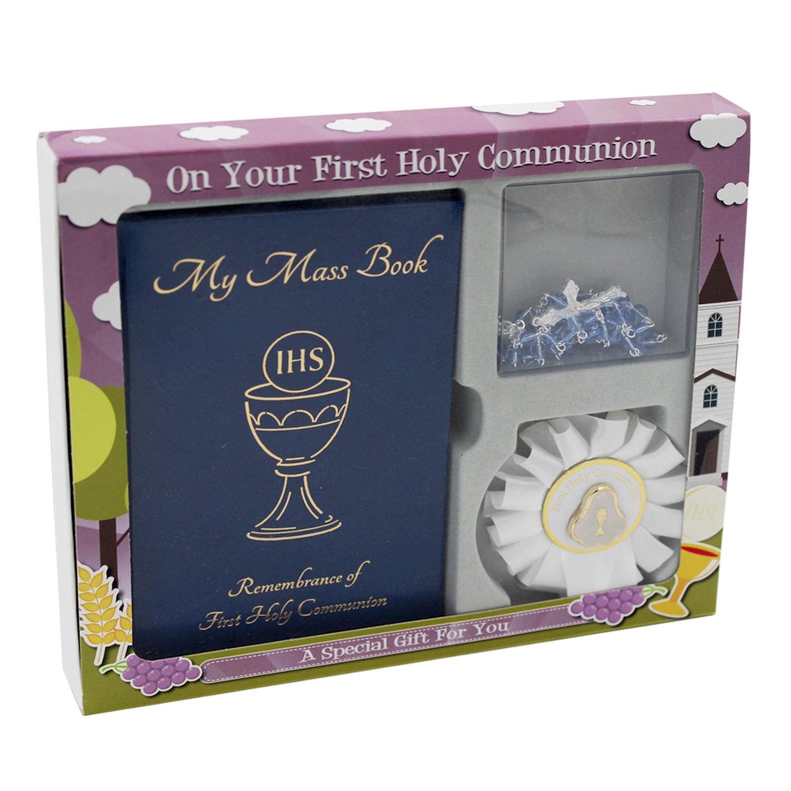 First Holy Communion Gift Set Mass Book, Rosary Beads and Rosette – Blue