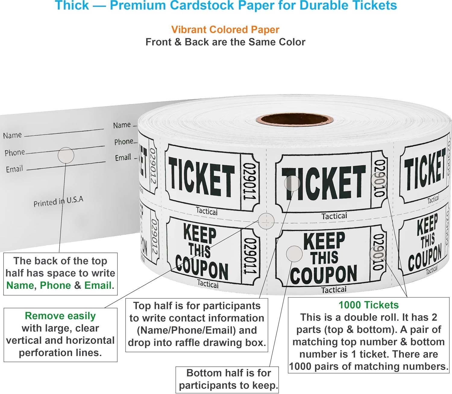 Consecutively Numbered 1000 Raffle Tickets – Cardstock, Ideal for Events