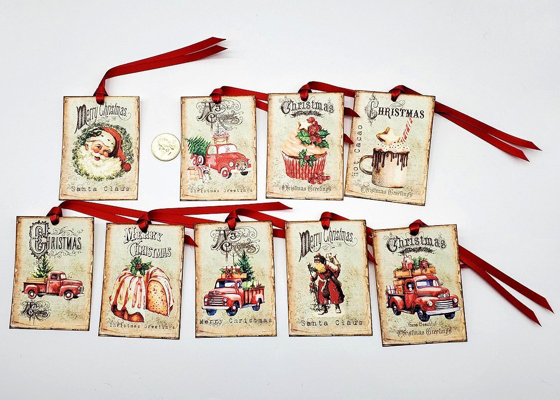 9-Christmas-Vintage Style-Farmhouse-Truck-Bakery-Linen Cardstock-Gift-Hang-Tags