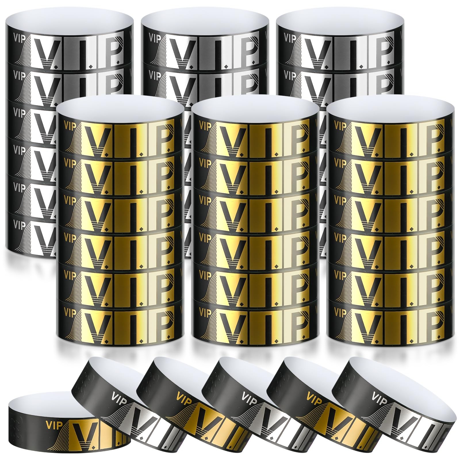200 Pack VIP Wristbands for Events Bracelets 0.79 x 10 inch, Gold, Silver