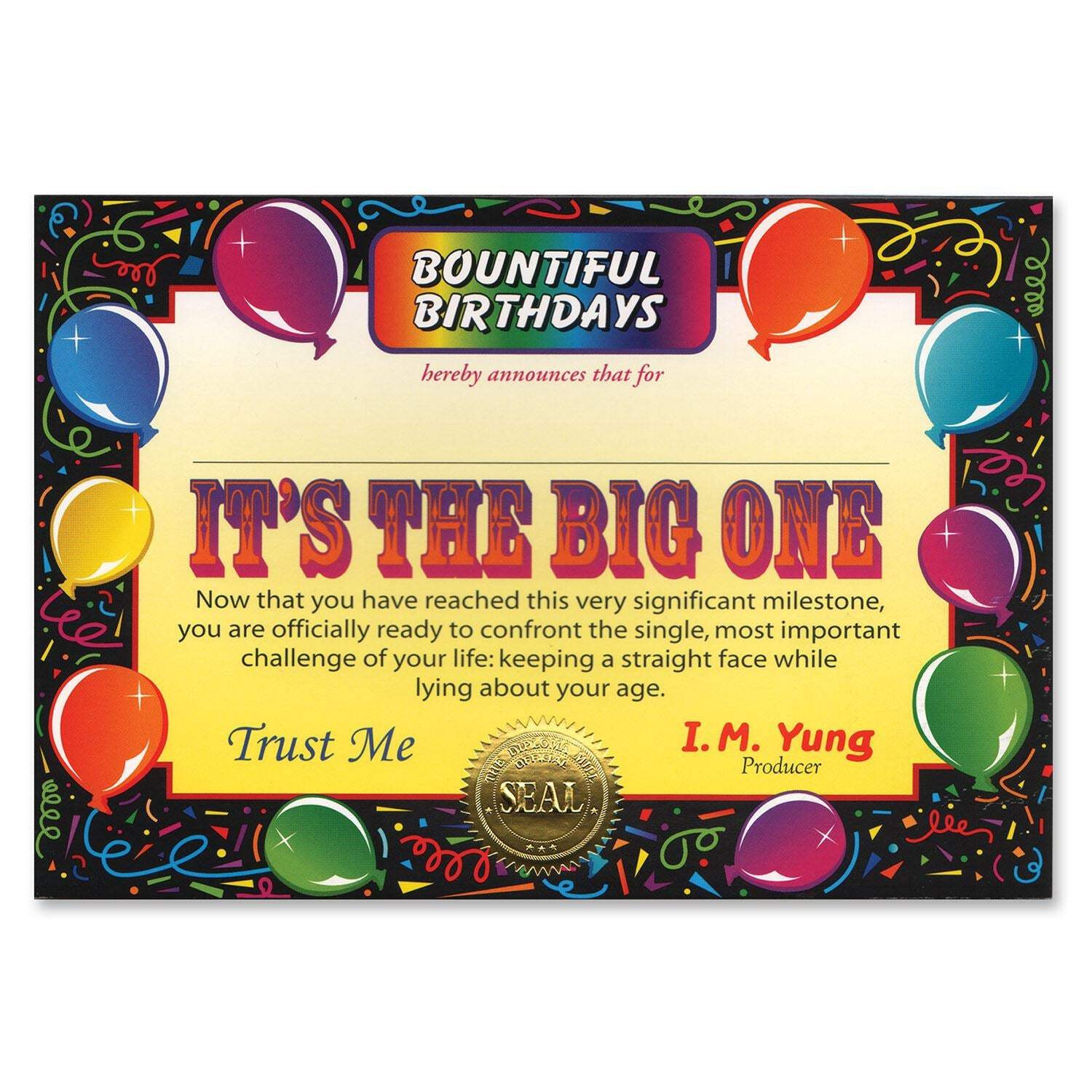 Beistle It’s The Big One Certificate – Over-The-Hill | Party Supply