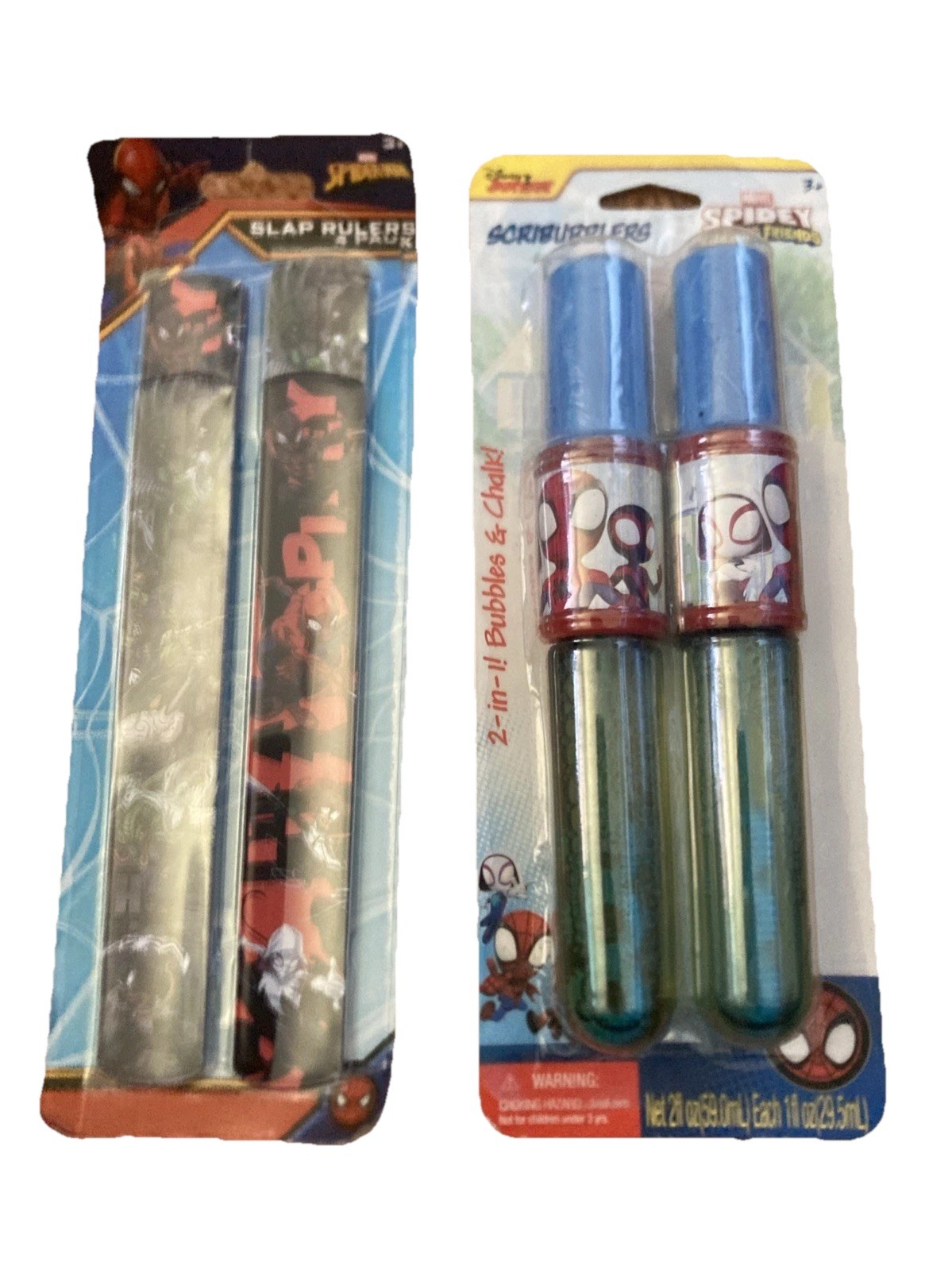 Marvel Spider-Man 4 Pack Slap Rulers & Disney Scribblers Bubble And Chalk—New