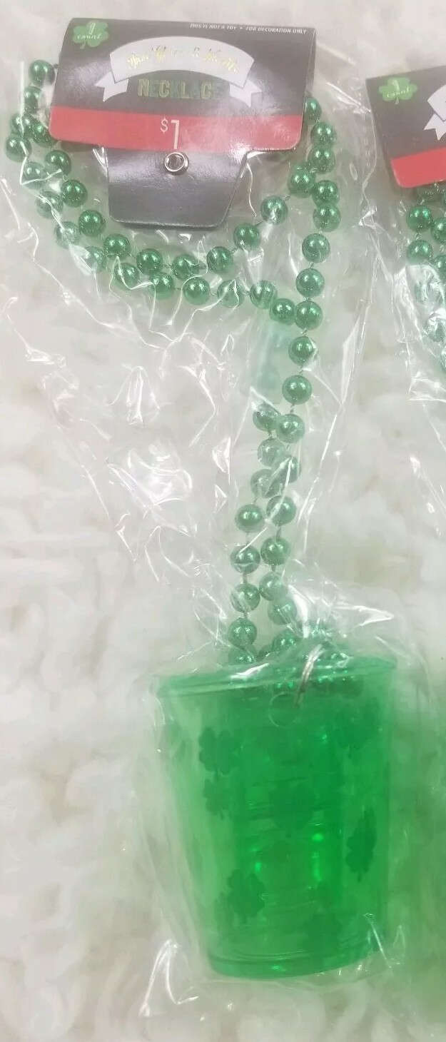 Target St. Patricks Day Shot Cup Glass Whistle Necklace Green Beaded Shamrock
