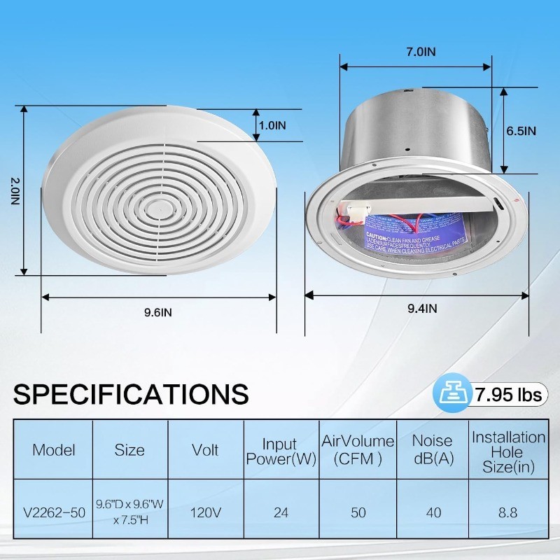 V2262-50 7 Inch Bathroom Exhaust Fan, 50 CFM Quiet Ceiling Vent Fan, 1.0 Sones L