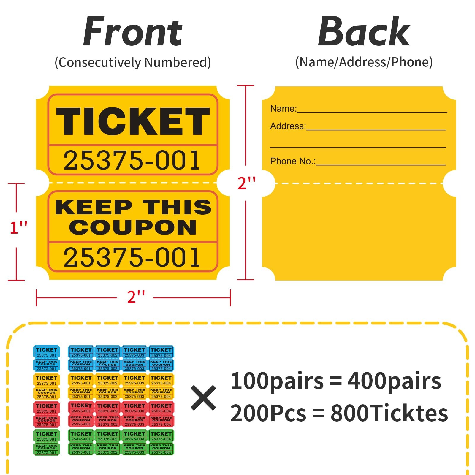 800 PCS 400 Pairs 50/50 Double Raffle Ticket Bold Numbers Events Assorted