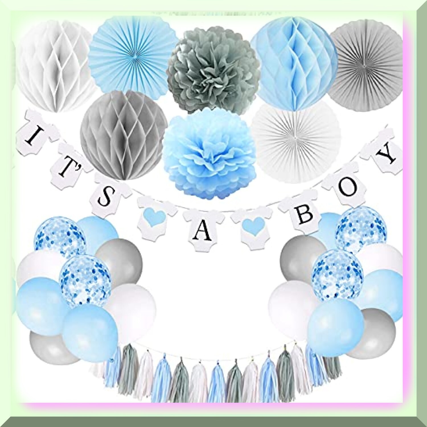 Baby Shower Decor Kit Blue Grey with Banner Fans and Balloons