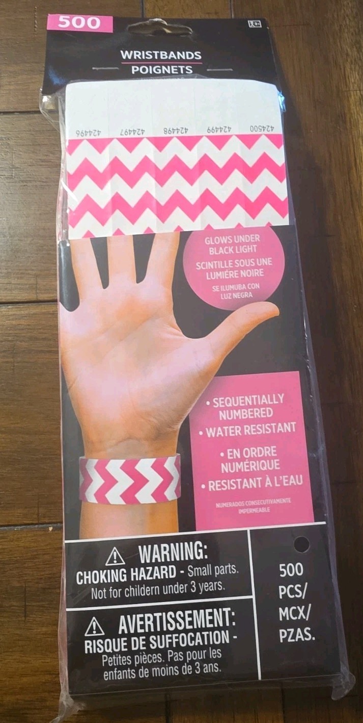 Amscan Wristbands pink chevron 500 Count Events Parties Clubs Numbered Glows