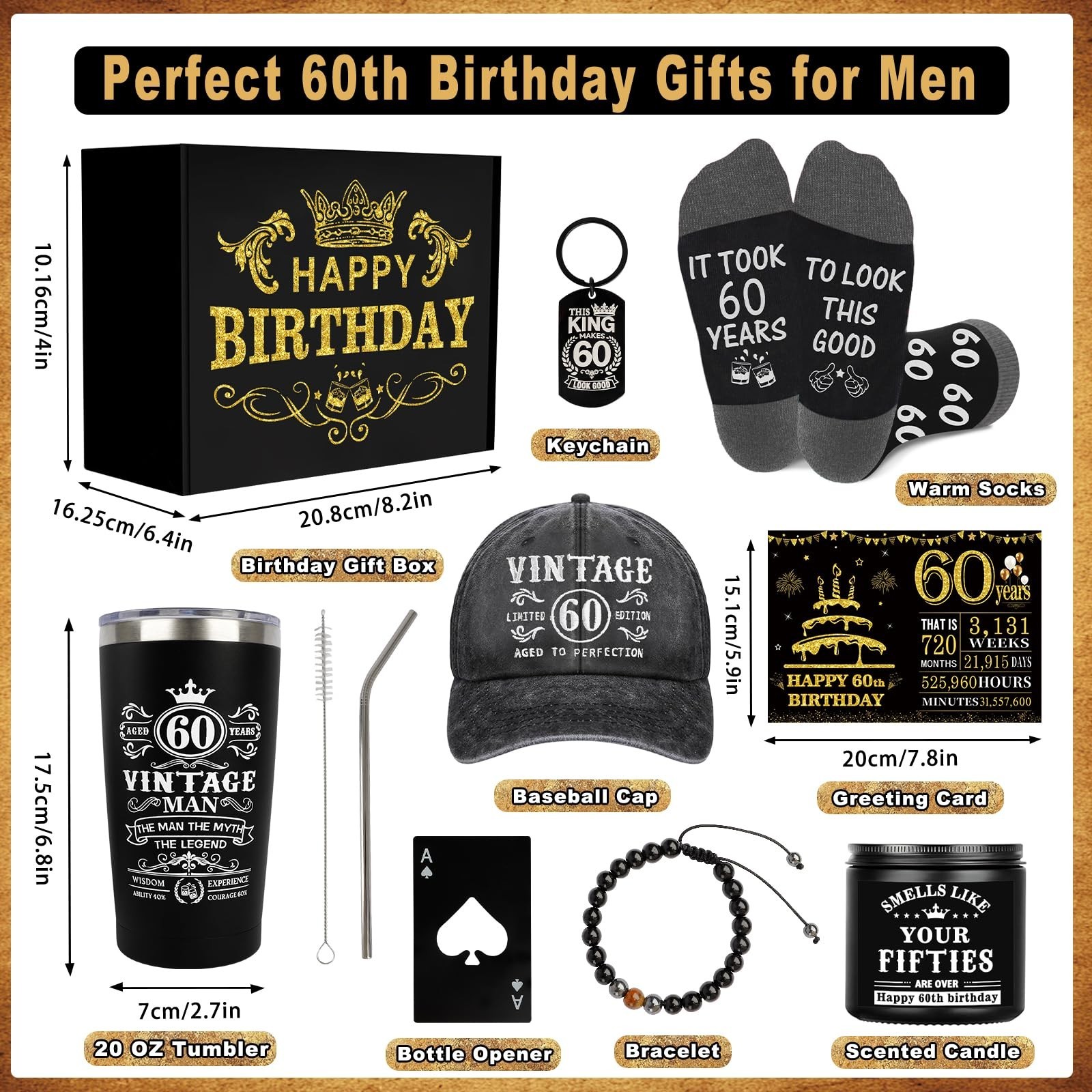 60th Birthday Gifts for Men – Unique Birthday Box with 20 Oz Tumbler, Basebal…