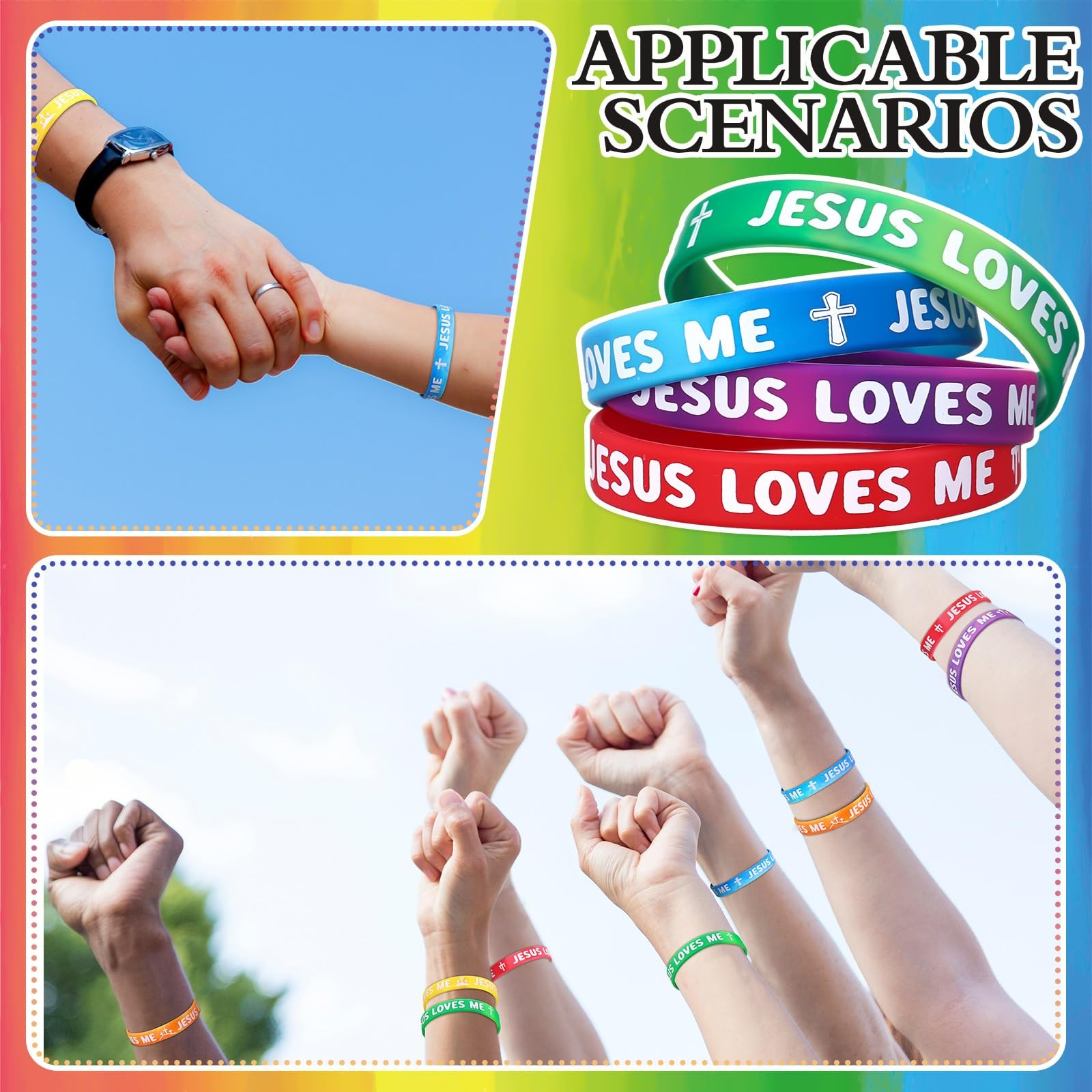 100 Pcs Jesus Loves Me Wristbands Bulk 10 Styles Rainbow Religious Silicone B…