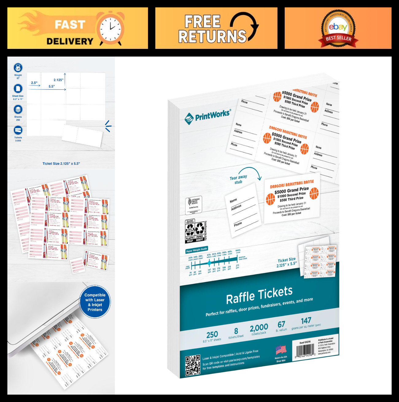 Custom Printable Raffle Tickets with Tear-Away Stubs – 2000 Event Fundraiser Tic