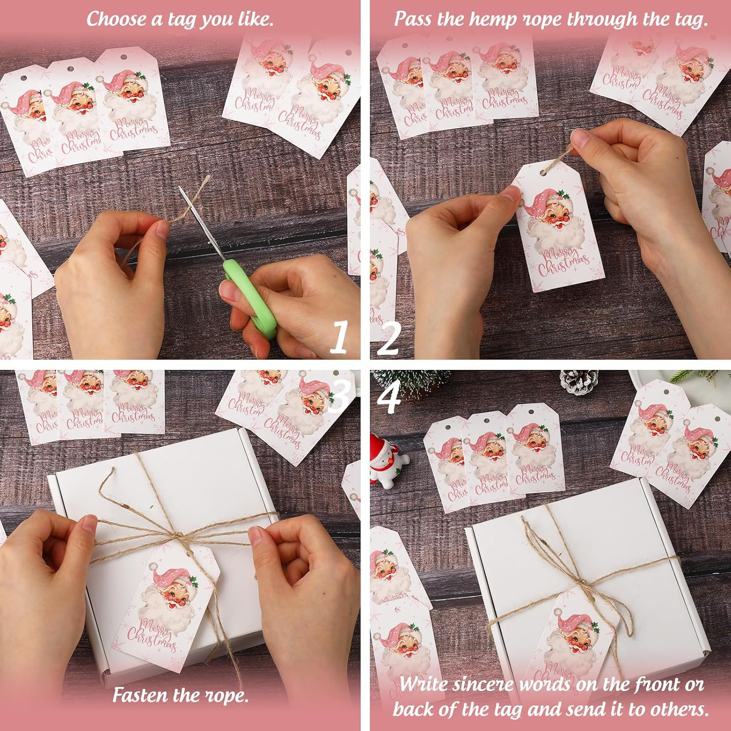 100Pcs Merry Christmas Paper Gift Tags Pink Santa Claus Snowflake Blank Hanging
