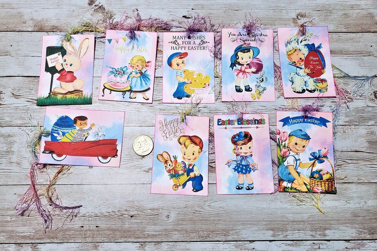 9~Easter~Retro~Vintage~Kids~Eggs~Linen Cardstock~Gift~Hang~Tags