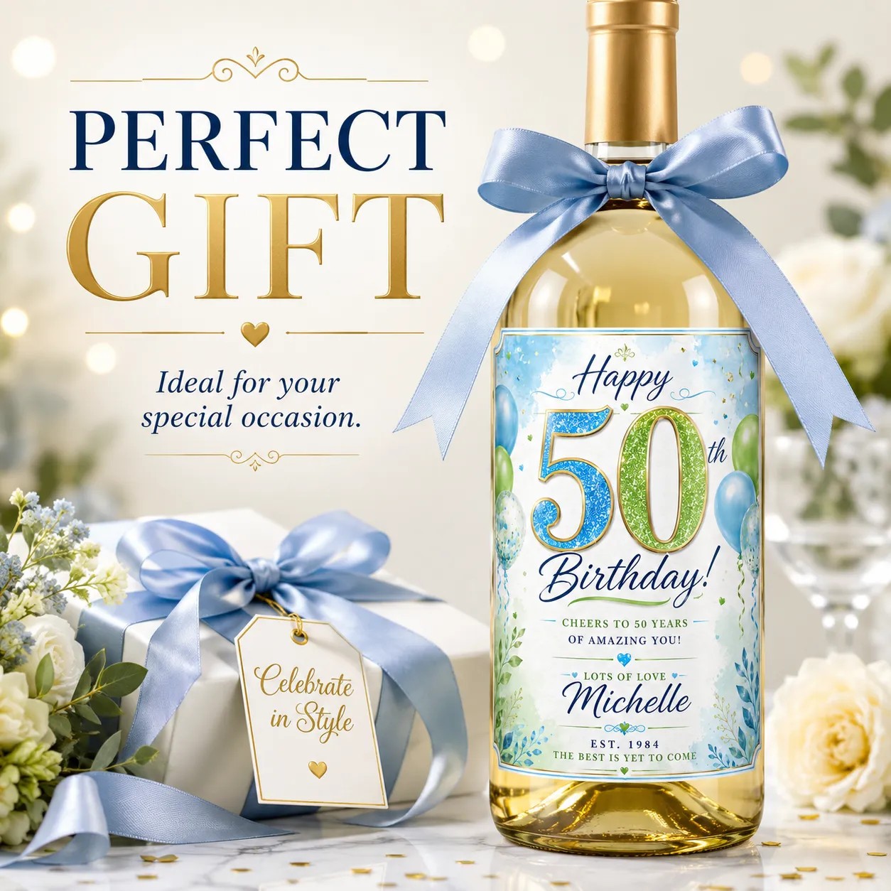 Personalised 50th Birthday Bottle Label Sticker Custom Wine Gift Blue Green