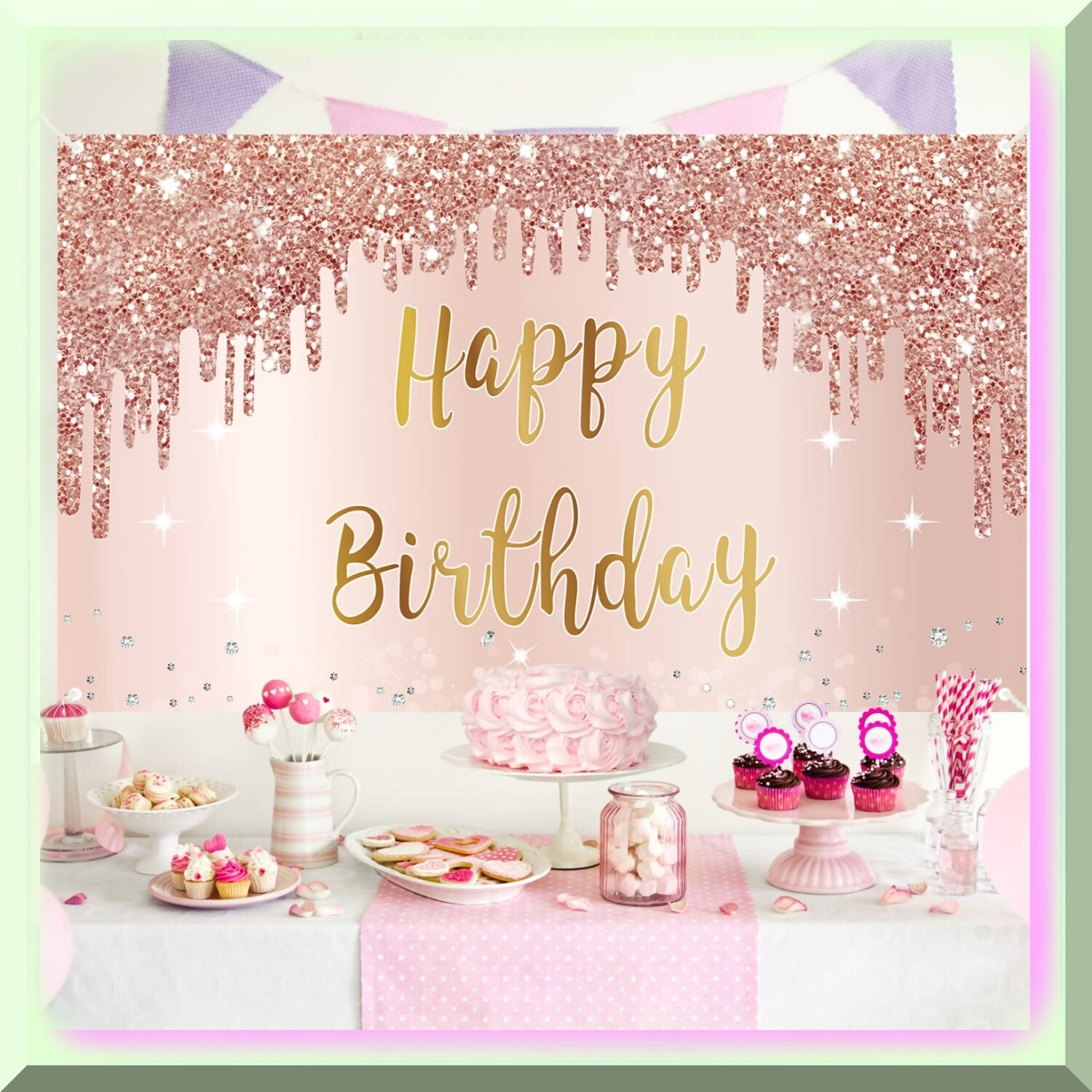 Pink Rose Gold Birthday Party Decor Backdrop