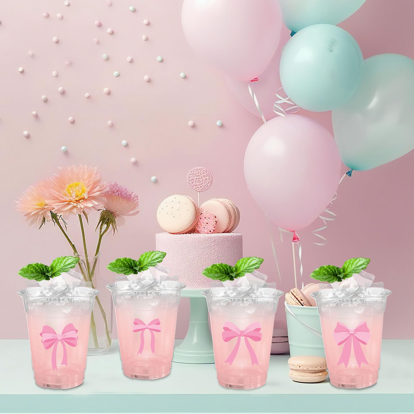 ABURRORI 50 Pcs 12OZ Pink Bow Plastic Cups, Disposable standard,