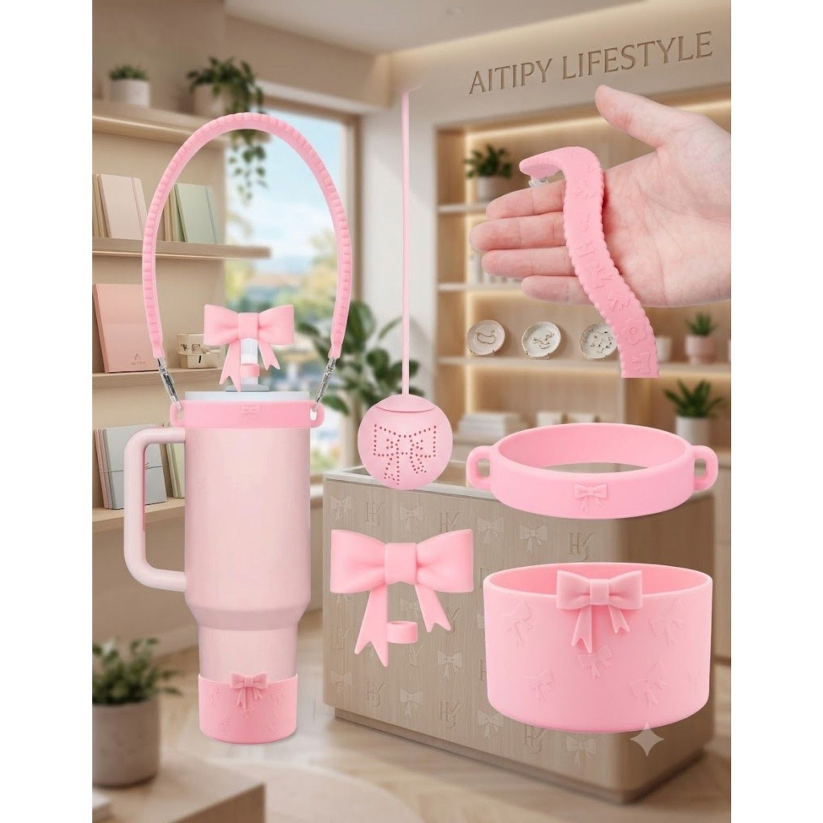 4Pc Pink Bow Stanley Accessories 10mm Straw Covers, Boot, Strap & Strainer