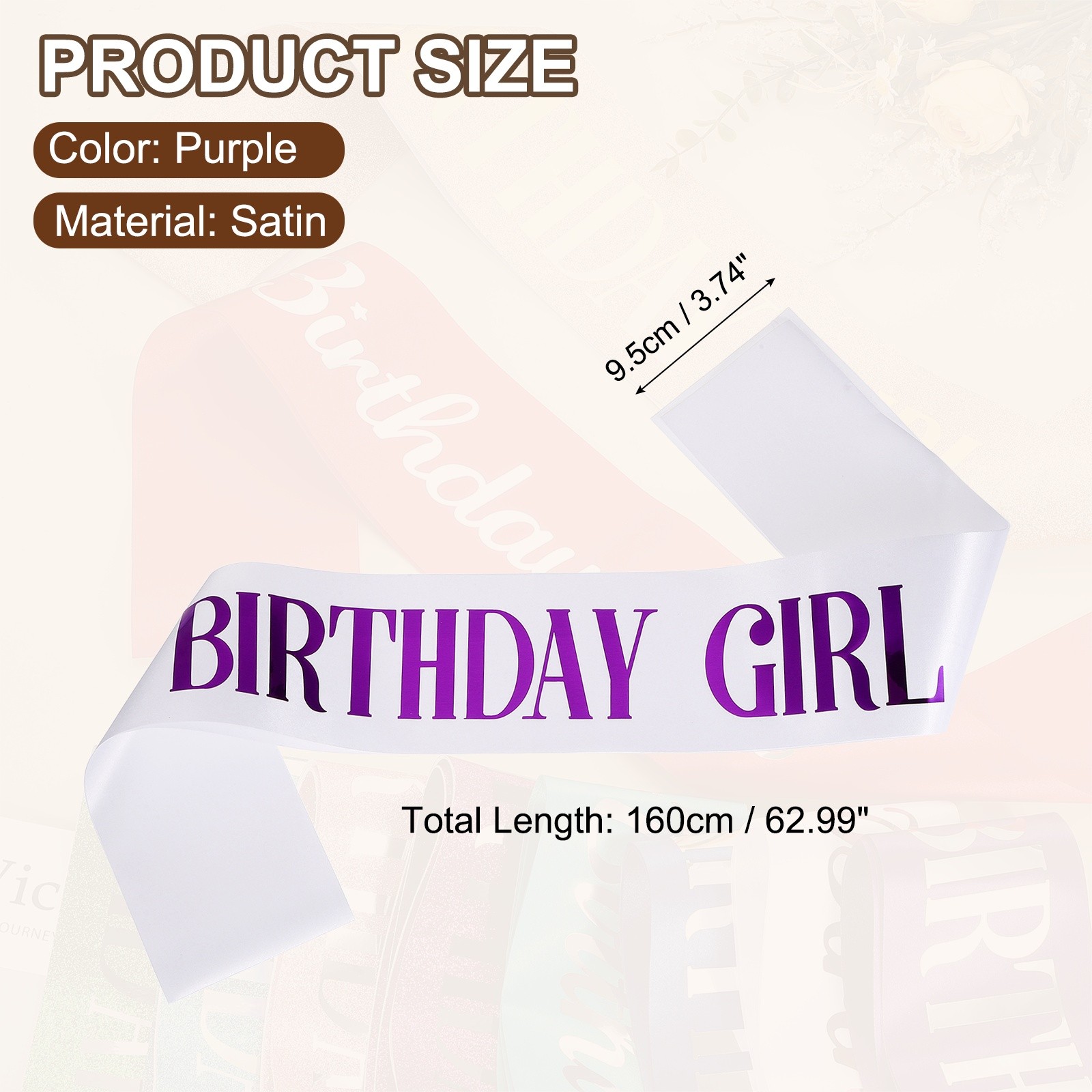 Birthday Girls Sash with Pin Purple Lettering for Birthday Party, White