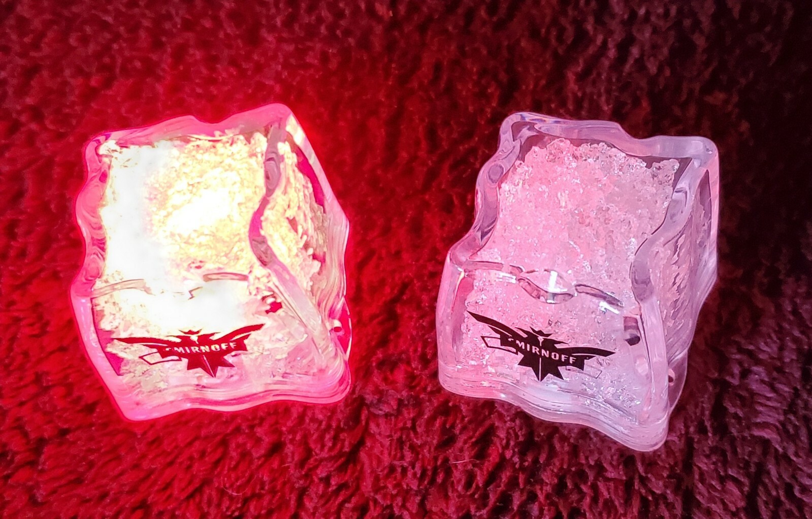 2 litecubes Smirnoff branded, 3 modes (strobe, flash, & steady) red LED cubes