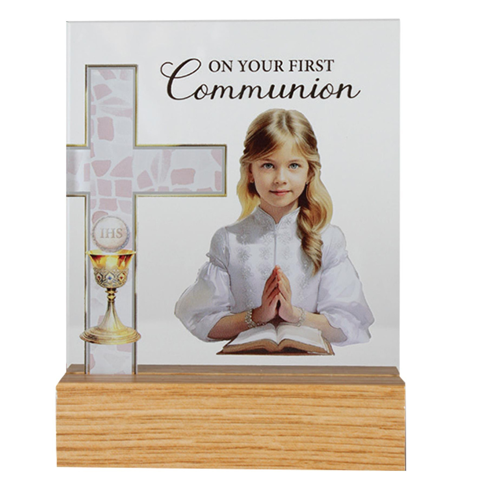 First Communion Glass Plaque on a Wooden Base – Girl