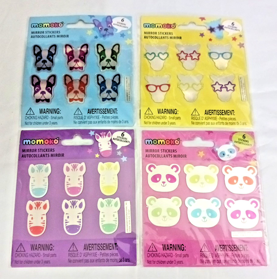 Momoko mirror Stickers. Dog, panda bear, zebra, Giraffe. 24 stickers! 4 packs