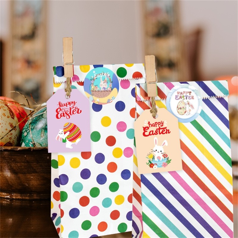 DIY Easter Gift Paper Bags Set include Bag Clips Stickers Hanging Tags Rope