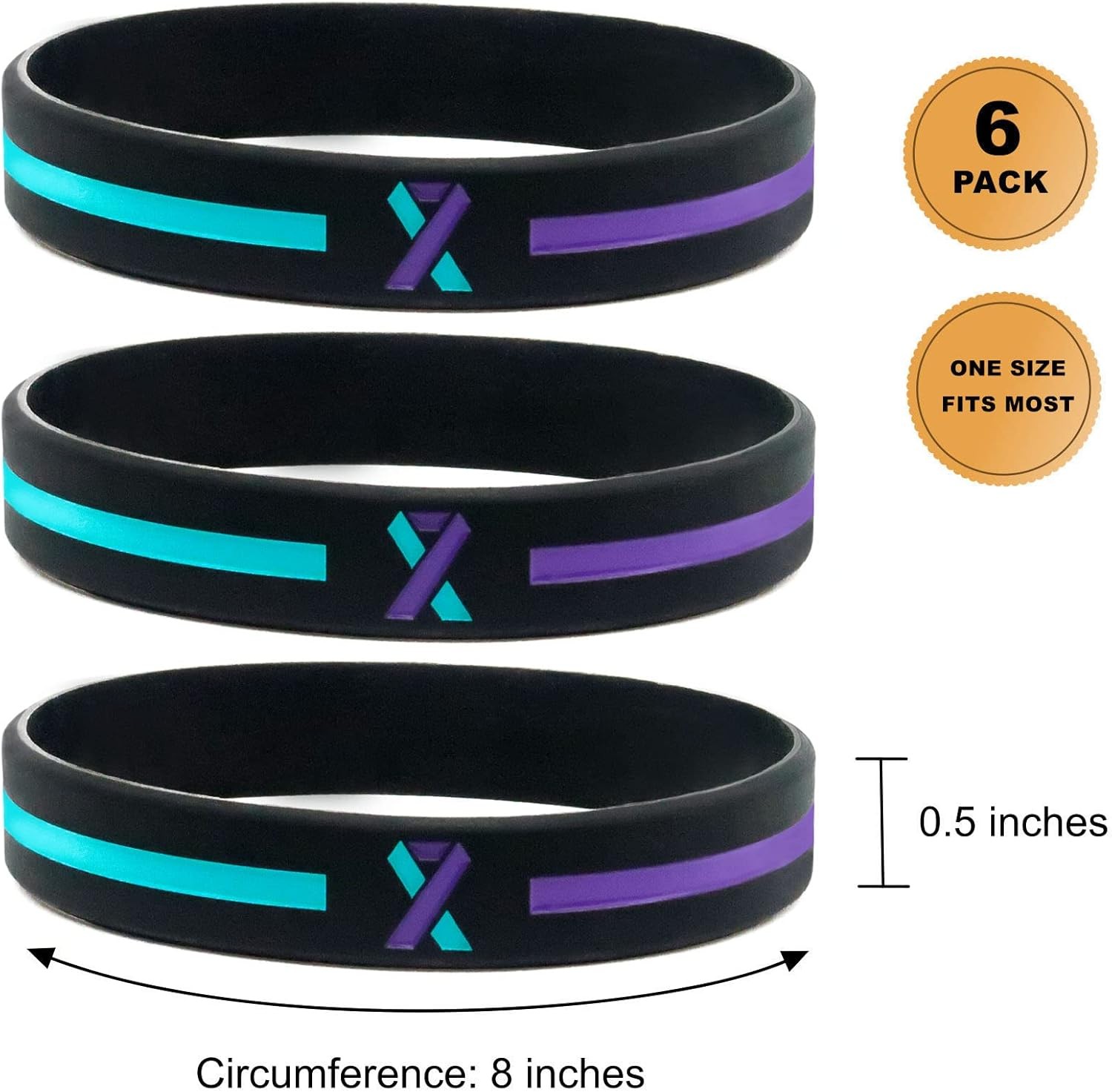 Teal and Purple Awareness Ribbon Wristbands (6-pack) – Silicone Rubber…