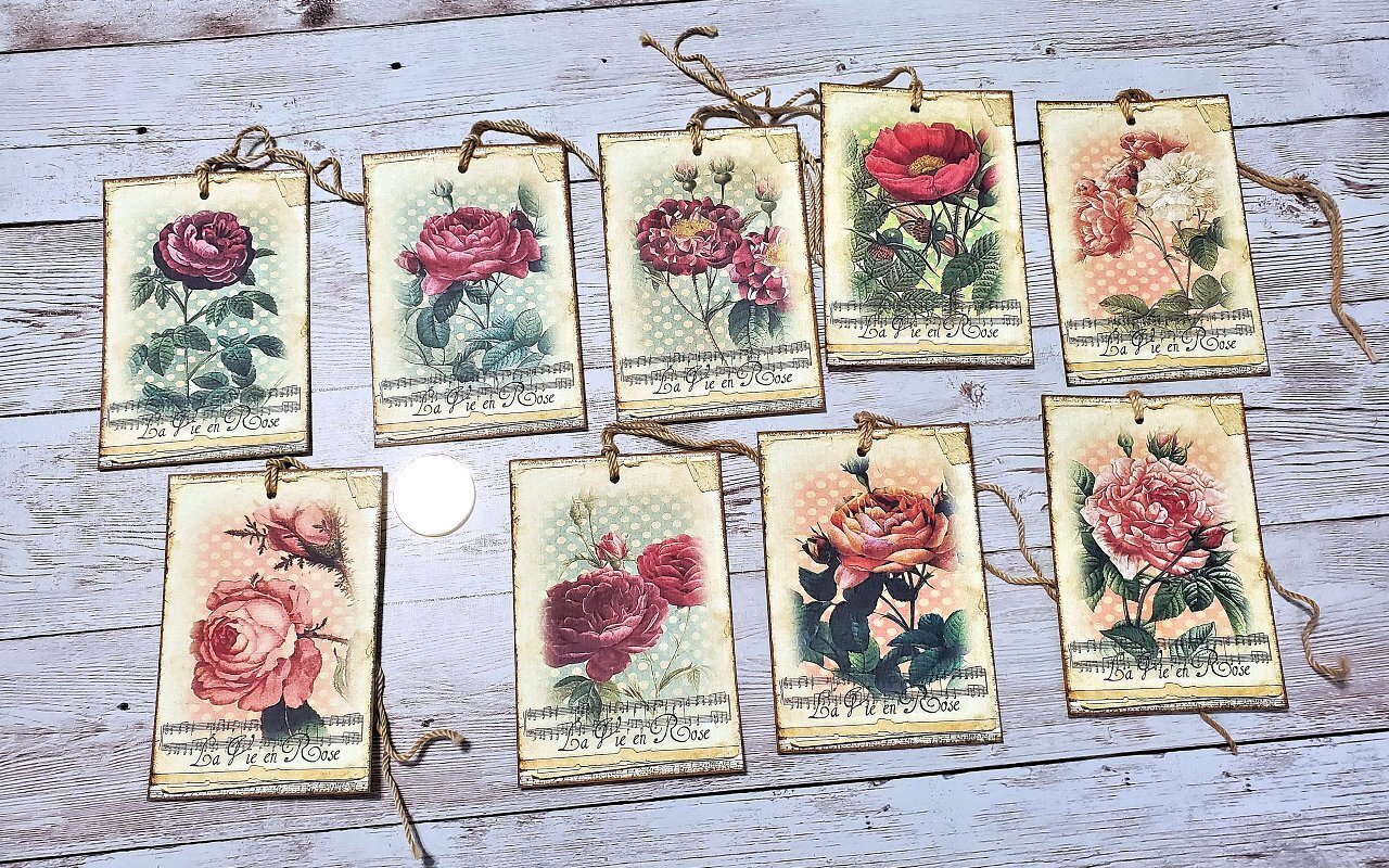 9~Vintage~Ephemera~French Roses~Junk Journal~Linen Cardstock~Gift~Hang~Tags