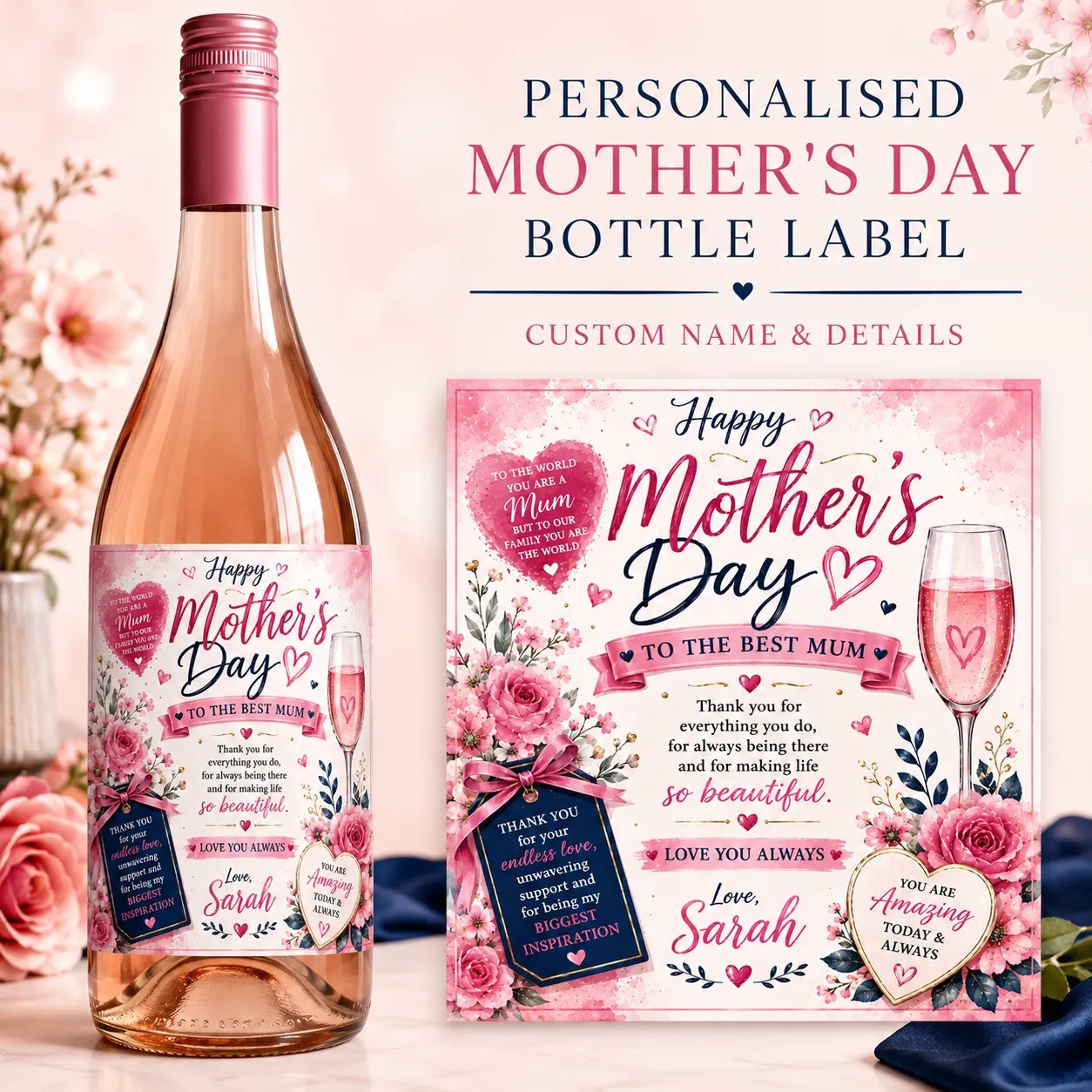 Personalised Mother’s Day Bottle Label Sticker Gift for Mum Wine Champagne