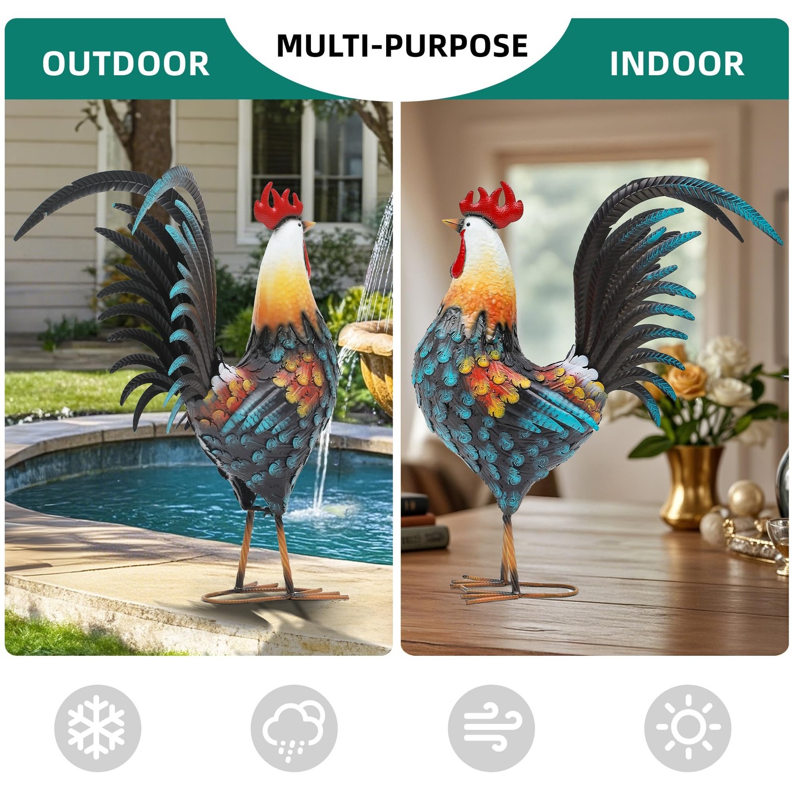 32″ Metal Rooster Decor, Outdoor Garden Statues, Metal Chicken Sculpture for …