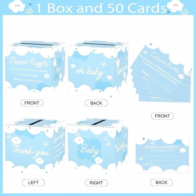Blue Diaper Raffle Tickets Card Box for Baby Shower, 50 Pcs Diaper Raffle
