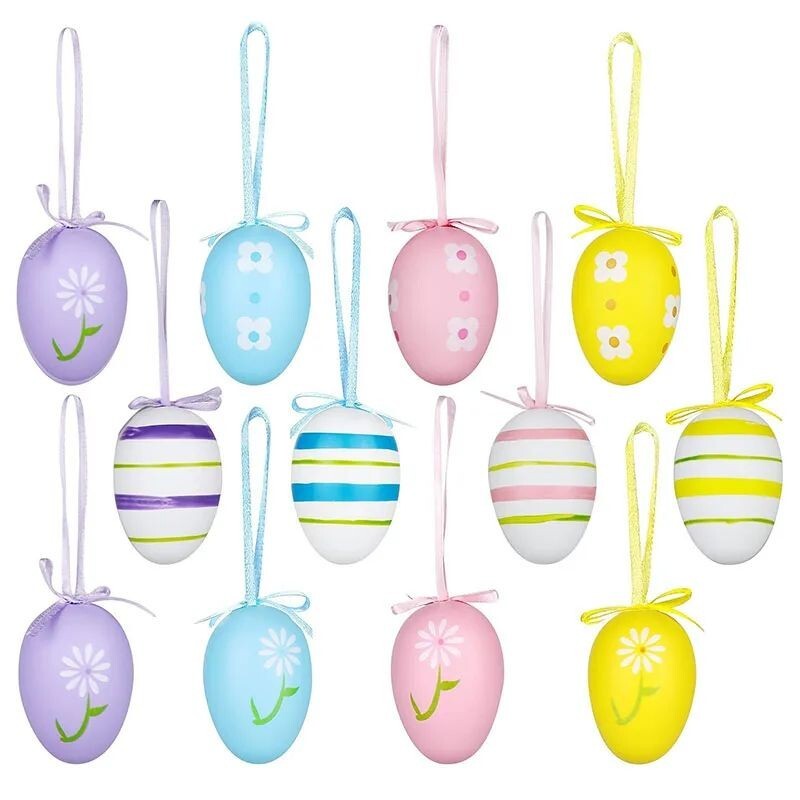 24PCS Colorful Plastic Easter Eggs Hanging Ornaments for Tree Basket Party Decor
